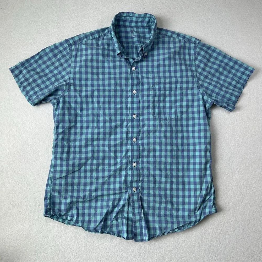 J Crew Shirt Men's Large Blue Light Weight Window Pane Plaid Cotton Button‎ Down